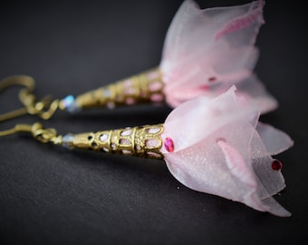 Soft Pink Petals . organza one of a kind artisan fiber art earrings
