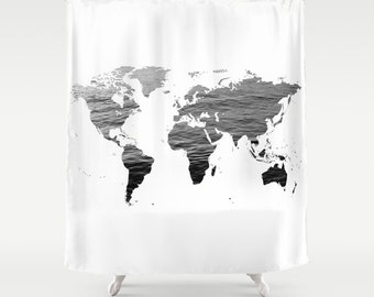 Ocean Texture Map Shower Curtain, Black White Bathroom, Home Decor, World Map Shower Curtain,Educational Shower Curtain, Dorm Shower Curtain