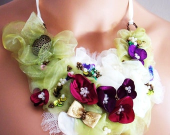 Once Upon A Time, Handmade Wearable art, Romantic and delicate Floral Statement Necklace One of a kind Fiber art, Princess vibes, Fairycore