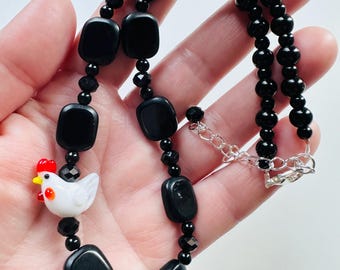 Lampwork Chicken - one of a kind artisan necklace designed and handmade in the U.S. by Marianna Mills artist
