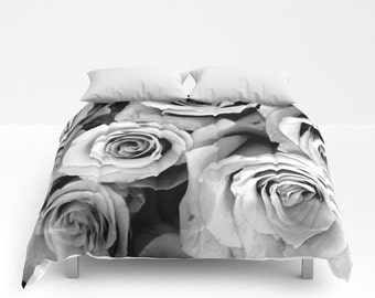 ROSES Comforter, Black White Bedding, Flower bedding, Unique, Flower Comforter, Full, Queen, King, Retro, Vintage, Dorm, Drama, Classic