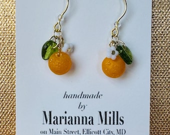 Czech glass orange blossom earrings, Artisan earrings, spring jewelry, tropical, orange earrings, fruit earrings, handmade in the U.S.