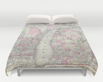 Antique Michigan Map Duvet Cover, Vintage Michigan Map Bedding, Old Map Bedspread, Decorative, Michigan Duvet case decor, Michigan Map Decor