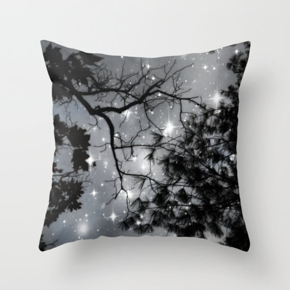 Trees Throw Pillow Starry Night Black Night Moon and Stars' Throw Pillow