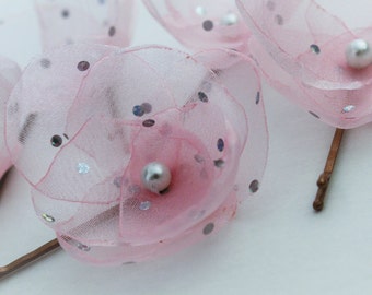 Handmade Pink organza bobby hairpin, hair accessory, bridal, bridesmaid, flower girl, fabric, artisan, blossom, wedding flower