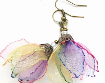 Rainbow Organza One of a kind Artisan Earrings | Dancing in the air | Designed andHandmade in the US by Marianna Mills Hungarian Artist