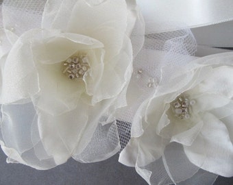Bridal Ivory White Organza Flower Satin Sash Belt Tulle, Rhinestone, Unique Fabric Flower, Handmade by Marianna Mills Hungarian artist