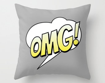 OMG Comic Throw Pillow, Cartoon Pillow, Text, Home Decor, Decorative Pillow, Grey Cushion, Unique Pillow, Grey, Humor, Dorm, Office, Rad