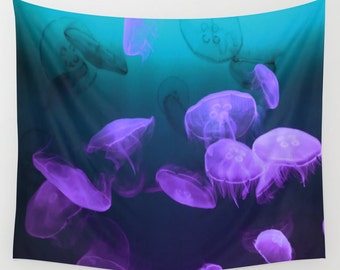 MOON Jellyfish Tapestry, Jelly Tapestry, Ocean Decor, Nautical, Coastal Large Wall Decor, Dorm, Office, Nature, Beach, Teal Blue Purple