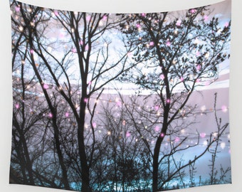 LIGHTS in The Woods Wall Tapestry, Trees, Night Sky Home Decor, Nature Tapestry, Dorm, Office, Whimsical Tree Branches, Woodland, Magic