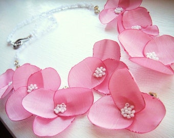 Fiber art - one of a kind statement necklace -  candy pink color taffeta sakura flower tulle bib necklace by Marianna Mills