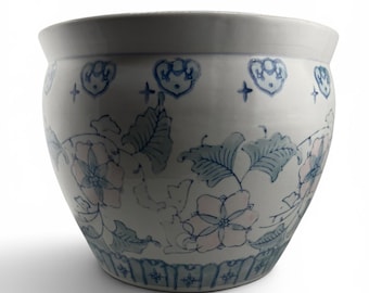 Vintage Fish Bowl 10" Planter Pot Chinoiserie Blue Pink Green Floral Jardiniere