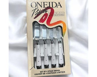 New VTG Oneida Steak Knives PALETTE White Stainless 4-Piece Set 90s