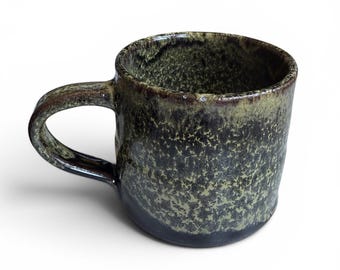 Hand Thrown Mug Studio Pottery Signed Green Brown Mottled Glaze Stoneware