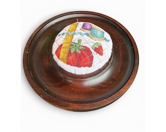 Vintage SUDBERRY House Mahogany Cross Stitched Pincushion Tray