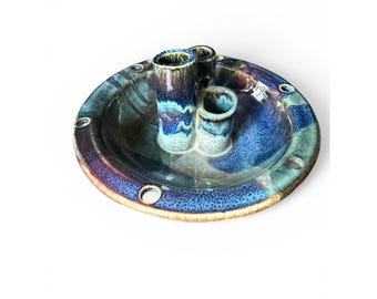 Vintage Art Pottery Ikebana Bowl Vase 3 Flutes Artisan Signed Piece Blue Glaze