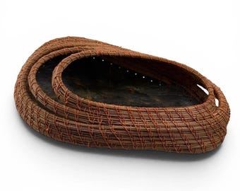 Pine Needle Basket Art Handcrafted Unique Sculptural Oval Waxed Linen Thread