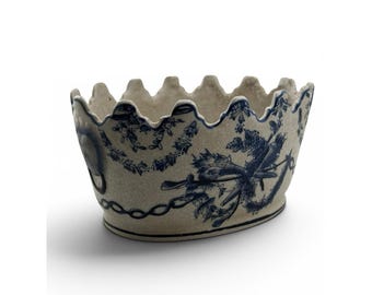 Antique Blue White Ceramic Jardiniere Ikebana Vase Flower Frog Scalloped Rim