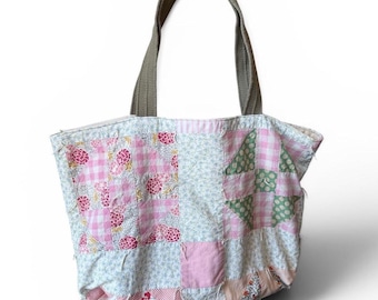 Handmade Tote Bag Oversized Upcycled Vintage Quilt Two-Sided With Canvas Lining
