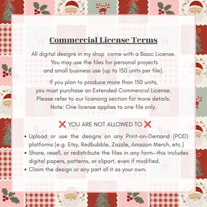May include: A digital document titled Commercial License Terms outlining usage rules for designs. It specifies a basic license for personal and small business use up to 150 units, and lists prohibited actions including print-on-demand use and resale.