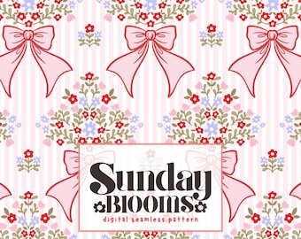 Coquette Bows Floral Bouquet Seamless Pattern, Pastel Cottagecore Flower Patterns, Digital Fabric Design | Commercial Use