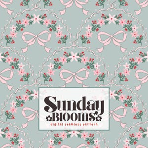 May include: A seamless digital pattern featuring a sage green background with repeating motifs of pink bows, light pink flowers, and red berries arranged in scalloped arches. A central white rectangular label displays the text Sunday Blooms digital seamless pattern.