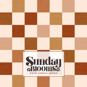 May include: A digital seamless pattern featuring a checkerboard design in shades of brown, tan, and cream. The pattern includes squares of varying textures and tones. The text "Sunday Blooms" is displayed in a white rectangle at the bottom.