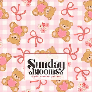 Puede incluir: Un patrón digital sin costuras con osos de peluche sosteniendo corazones rosas, lazos rosas y pequeños ramos de flores sobre un fondo a cuadros rosa y blanco. El texto "Sunday Blooms" se muestra en un rectángulo blanco.