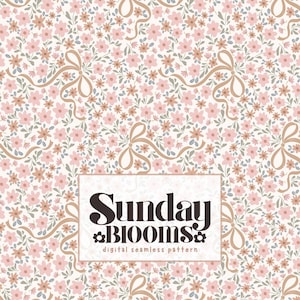 May include: A digital seamless pattern with a floral design of small pink and tan flowers, grey leaves, and tan ribbons on a cream background. The text "Sunday Blooms" is displayed in a rectangular frame.