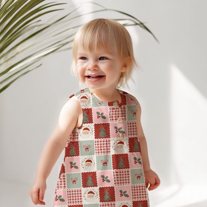 Vintage Christmas patchwork fabric featuring cute Santa Claus, Christmas trees, holly berries, candy canes, and red gingham on a girl's holiday dress.