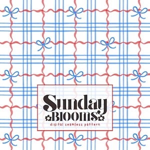 May include: Digital seamless pattern featuring a white background with a blue plaid design. Red wavy lines and blue bows are interspersed throughout the pattern. The text "Sunday BLOOMS" is in a red outlined box.