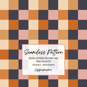 May include: A seamless digital pattern with a checkerboard design. The pattern features squares in shades of orange, pink, cream, and navy blue. The text "Seamless Pattern" and other details are displayed on a white rectangle.