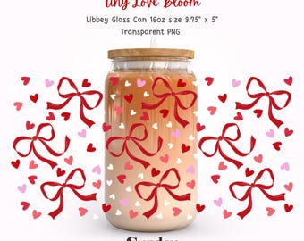 Adesivos PNG para latas de vidro com corações e laços para o Dia dos Namorados | Adesivo PNG para copo com laço pequeno e flor | Copo Libbey de 473ml | Download instantâneo