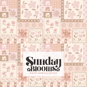 May include: Digital seamless pattern with a patchwork design. It features floral and geometric elements in pink, beige, and brown. The pattern includes squares with flowers, hearts, and the text "Sunday Blooms".