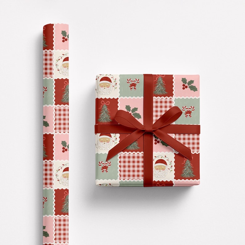 Vintage Christmas wrapping paper with cute Santa Claus, holiday trees, holly berries, candy canes, and pink gingham patchwork pattern.