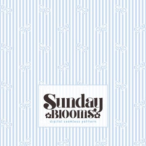 May include: Digital seamless pattern with a light blue and white striped background. White bows are scattered across the pattern. The text "Sunday Blooms" is displayed in a white rectangle, with the words "digital seamless pattern" below.
