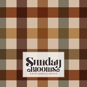 Op de afbeelding: Een naadloos digitaal patroon met een herhalend ruitontwerp in tinten donkerbruin, bruin, beige en gedempt saliegroen. Een rechthoekig label in het midden toont de tekst Sunday BLOOMS digital seamless pattern met kleine bloemiconen.