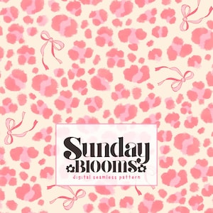 May include: A digital seamless pattern featuring a cream background with pink leopard spots and pink bows. The text "Sunday Blooms" is displayed in a white rectangle with a floral design.