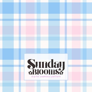 May include: A digital seamless pattern with a pastel plaid design in blue, pink, and white. The pattern includes the text "Sunday Blooms" in a decorative font, with the words "digital seamless pattern" below.