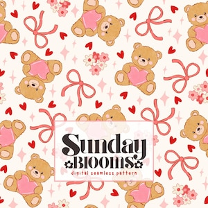 May include: A digital seamless pattern featuring repeating illustrations of teddy bears holding pink hearts, pink bows, red hearts, and small floral bouquets on a cream background. The text "Sunday Blooms" is displayed in a white rectangle.