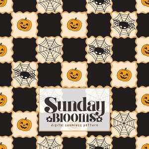 May include: A digital seamless pattern with a repeating grid of black and cream squares. The cream squares feature jack-o'-lanterns, spiderwebs, and spiders. The text "Sunday Blooms" is in a white rectangle. A Halloween theme.