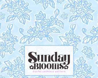 Beach Blue Floral Seamless Pattern Coastal Summer Fabric Prints - Digital Download