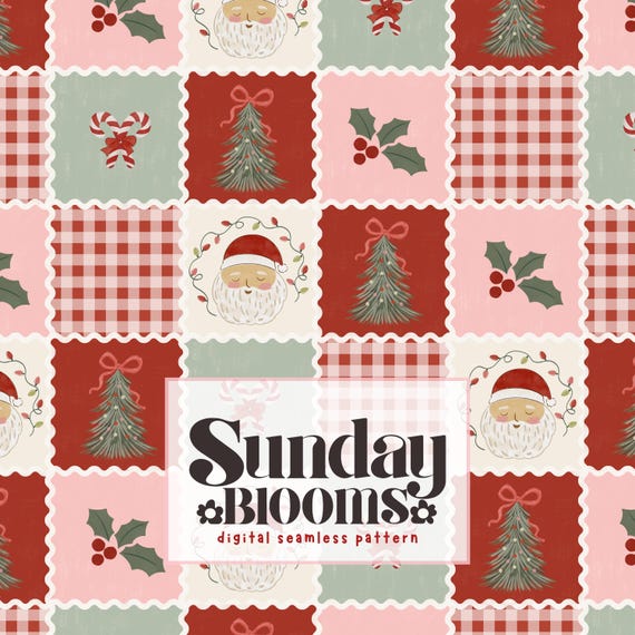 Vintage Christmas Patchwork Seamless Pattern, Red Pink Holiday Fabric Digital File, Santa Claus Gingham
