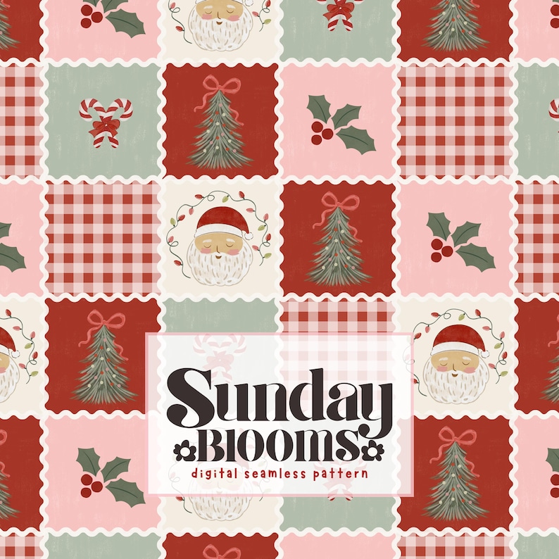 May include: A digital seamless pattern featuring a grid of scalloped squares with Christmas motifs including Santa Claus faces, decorated pine trees, candy canes, holly berries, and red gingham checks. The text reads Sunday Blooms digital seamless pattern.