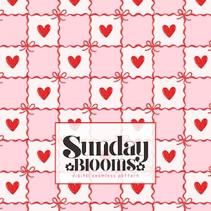 May include: A digital seamless pattern with a repeating design of red hearts on white squares, set against a pink background. Red ribbons and bows accent the squares. The text "Sunday Blooms" is displayed in a white rectangle.