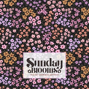 May include: A digital seamless pattern featuring a dense arrangement of small flowers in shades of pink, peach, lavender, and gold against a black background. The text "Sunday Blooms" is displayed in a white rectangle.