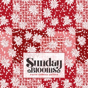 May include: A digital seamless pattern featuring a red and white checkered background overlaid with white hand-drawn style flowers and scattered white dots. A central white rectangular label displays the text Sunday Blooms digital seamless pattern.