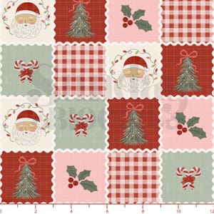 Vintage Christmas patchwork seamless pattern featuring watercolor Santa Claus faces, Christmas trees with red bows, holly berries, candy canes, classic red gingham blocks, blush pink, sage green, cream, and festive red holiday colors, perfect for fabric, quilting, wrapping paper, wallpaper, apparel, and home décor.