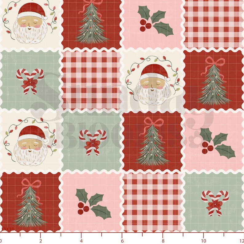 Vintage Christmas patchwork seamless pattern featuring watercolor Santa Claus faces, Christmas trees with red bows, holly berries, candy canes, classic red gingham blocks, blush pink, sage green, cream, and festive red holiday colors, perfect for fabric, quilting, wrapping paper, wallpaper, apparel, and home décor.