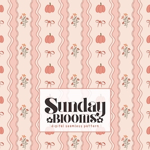 May include: A digital seamless pattern featuring a repeating design of pumpkins, flowers, and bows in shades of peach and orange on a cream background. Vertical wavy stripes in a darker peach color alternate with the design elements. The text "Sunday Blooms" is displayed in a white rectangle.
